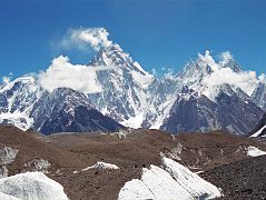 34 Gasherbrum IV, Gasherbrum VII, Gasherbrum Twins, Gasherbrum V From Baltoro Glacier Between Goro II and Concordia The view ahead from the Baltoro Glacier as I neared Concordia included Gasherbrum IV, Gasherbrum II, Gasherbrum VII, Gasherbrum Twins, and Gasherbrum V.